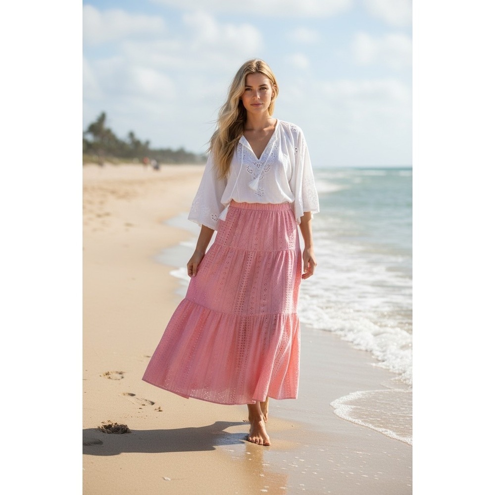 LuLaRoe Poppy Peach Eyelet Lace Tiered Maxi Skirt Boho Summer Peach Medium - Picture 2 of 5